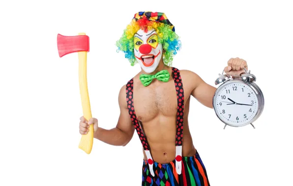 Butterfly, paint, watch, figure, clown, alarm clock, hairstyle, outfit