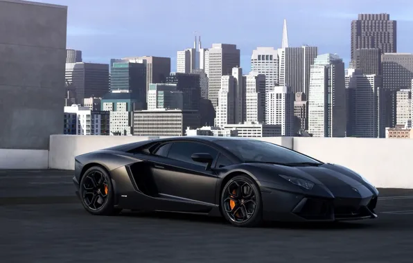 Picture roof, the city, Lamborghini, San Francisco, skyscrapers, San Francisco, Aventador, on the roof