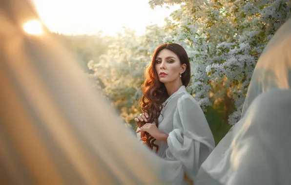 Flowering tree, in white, beautiful girl, charm, female portrait, Lera Of Vasiljeva