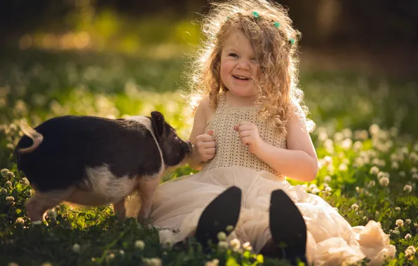 Summer, light, joy, flowers, childhood, pose, smile, glade