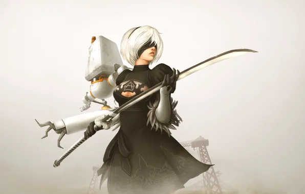 Girl, background, the game, katana, Nier Automata