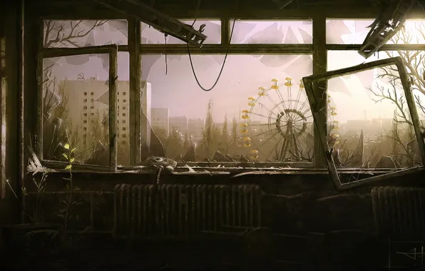 Picture the evening, window, carousel, Pripyat, Ukraine