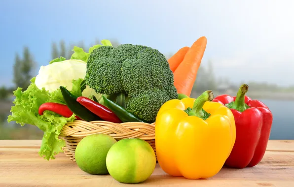 Table, background, pepper, basket, vegetables, carrots, cabbage, bokeh