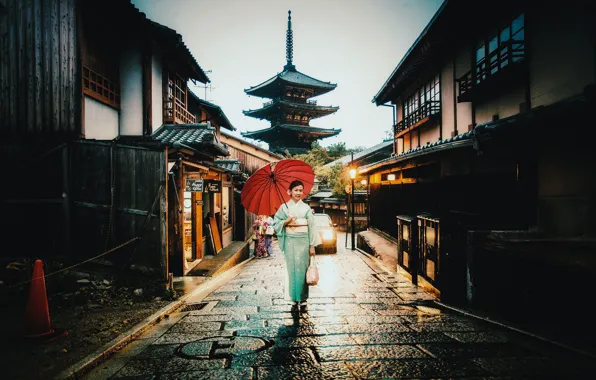 Picture car, woman, umbrella, street, village, raining