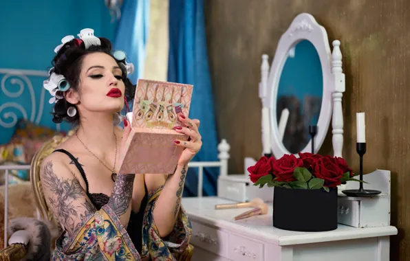 Picture girl, flowers, makeup, mirror, brunette, tattoo, manicure, curler