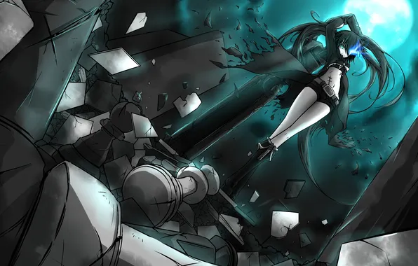 Picture girl, night, the moon, anime, chess, figure, black rock shooter, insane black rock shooter