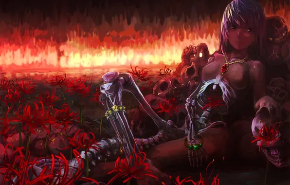 Girl, decoration, flowers, art, bones, skeleton, pendant