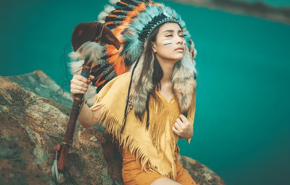 Girl, face, style, clothing, feathers, paint, headdress, Tomahawk