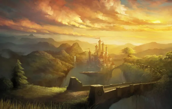 Clouds, landscape, bridge, castle