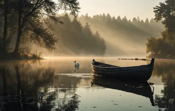 Calm, dawn, boat, duck