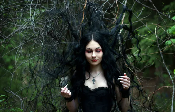 FOREST, HAIR, BUTTERFLY, BRUNETTE, VEGETATION, MAKEUP, CURLS, GOTHIC