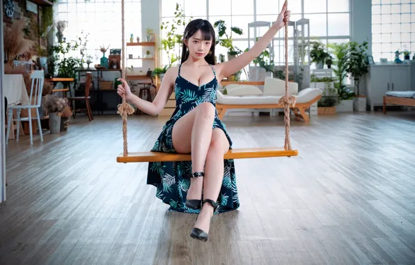 Picture look, girl, swing, dress, legs, Asian