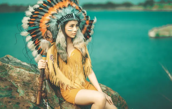 Picture girl, face, background, feathers, paint, headdress