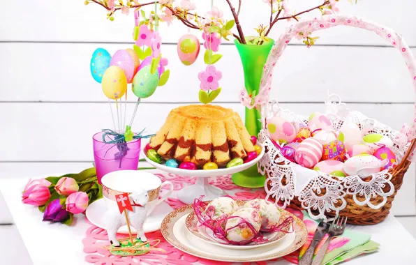 Picture basket, eggs, spring, Easter, Cup, tulips, cake, flowers