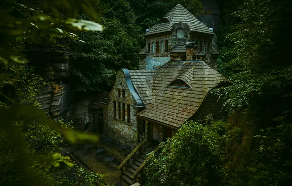 Rock, house, forest, building, Czech Republic, Hrensko