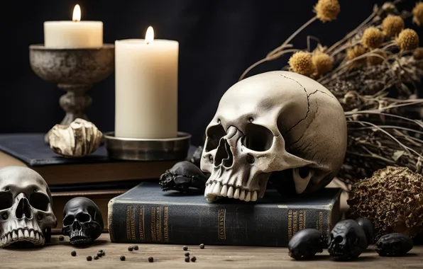 The dark background, table, books, skull, bouquet, candles, skull, book