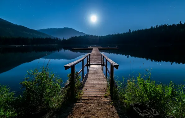 The sky, landscape, mountains, night, nature, lake, the moon, stars