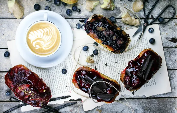 Berries, coffee, chocolate, blueberries, cakes, jam, cupcakes