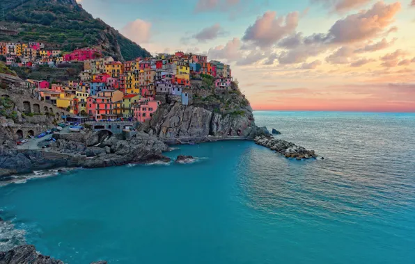 Picture sea, sunrise, rocks, dawn, building, home, Italy, Italy