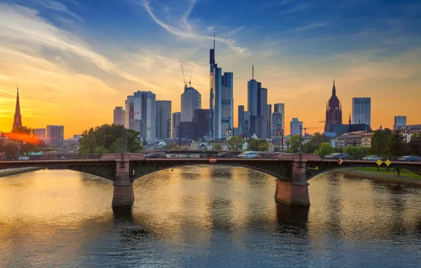 Picture bridge, river, home, Germany, glow, Frankfurt am main