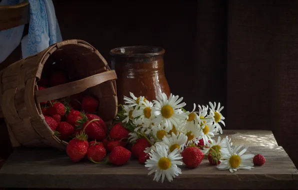 Flowers, berries, table, Board, chamomile, bouquet, strawberry, fabric