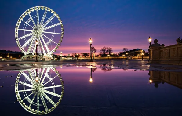 The city, reflection, people, France, Paris, the evening, lights, Ferris wheel