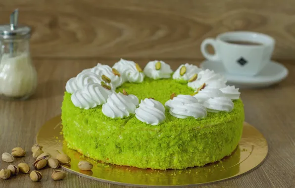Tea, cake, cream, pistachios