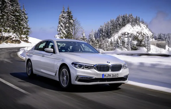Road, white, snow, BMW, sedan, hybrid, 5, four-door