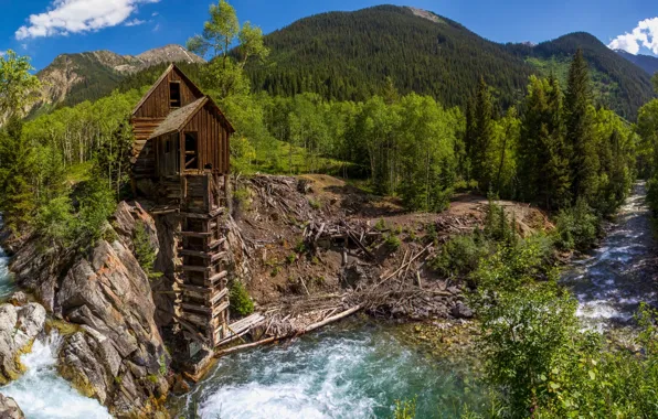 Forest, trees, mountains, river, Colorado, panorama, water mill, Colorado