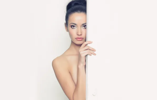 Girl, the door, brunette, hairstyle, brown-eyed