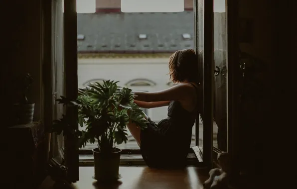 Palma, France, Paris, Girl, shadow, plants, dress, brunette