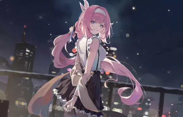 Night, the city, smile, positive, skyscrapers, anime, the maid, pink hair