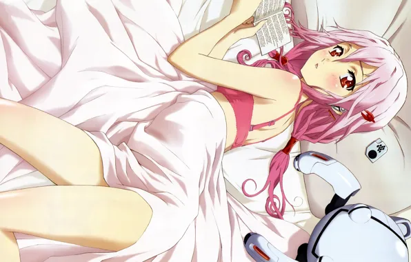 Girl, robot, bed, book, guilty crown, inori yuzuriha, fyu-neru