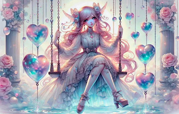 Water, light, shoes, decoration, flowers, swing, roses, dress