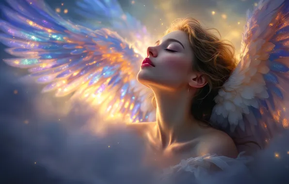 The sky, girl, clouds, light, flight, lights, wings, angel