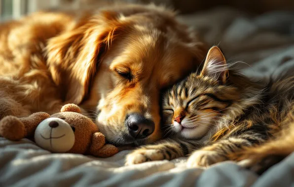 Cat, cat, look, light, pose, together, dog, bed