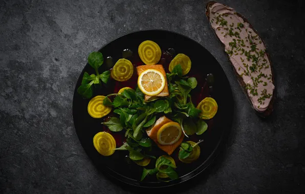 Greens, fish, lemons