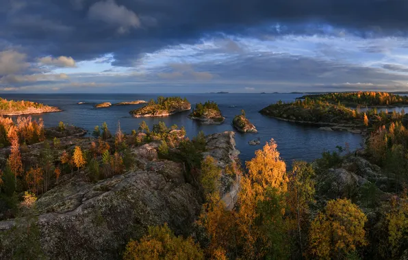 Picture autumn, trees, lake, rocks, Russia, Lake Ladoga, Karelia, Ladoga