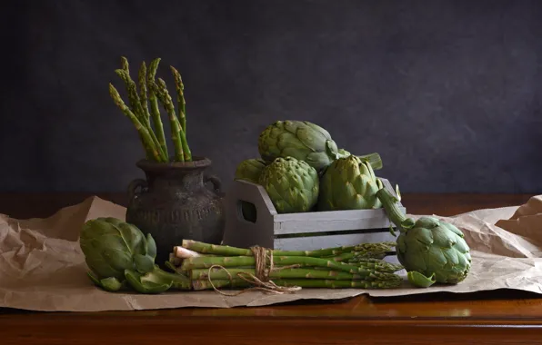 Paper, table, pot, the beam, still life, box, asparagus, amphora