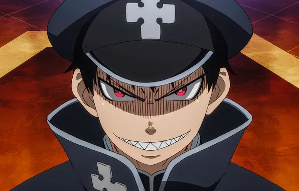 Look, smile, anime, form, anime, high quality, Shinra Kusakabe, The Flame brigade of firefighters