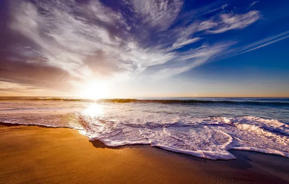Sea, the sky, the sun, dawn, coast, horizon, CA, surf