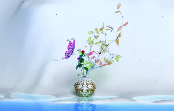 Flower, leaves, color, wall, butterfly, branch, Vase