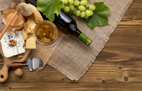 Leaves, green, wine, Board, glass, bottle, cheese, bread