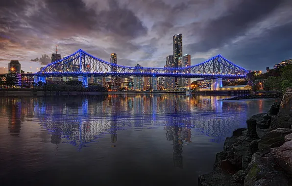 Picture night, lights, reflection, river, skyscrapers, backlight, Australia, megapolis