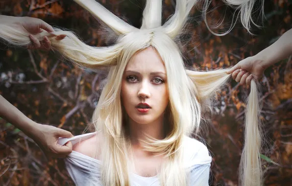 Look, girl, branches, hands, blonde, curls
