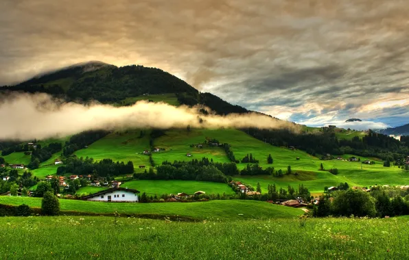 Picture greens, the sky, grass, clouds, trees, landscape, mountains, hills