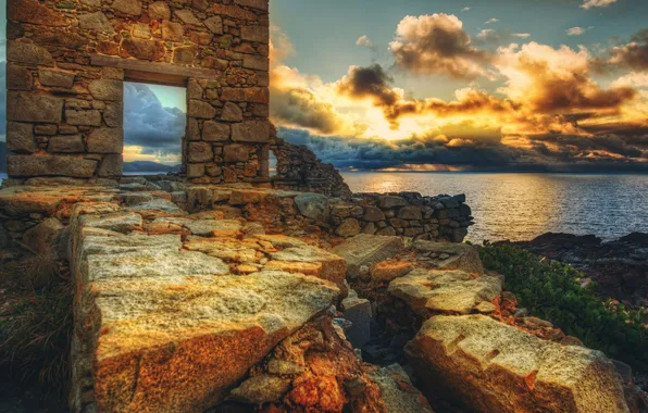 Picture wall, bricks, clouds, scenery, stones, ruins, door