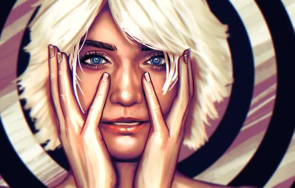 Girl, Face, Eyes, Hands, Art, Illustration, White hair, Comic Art