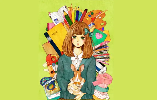 Background, rabbit, girl, red, palette, bow, green eyes, scissors