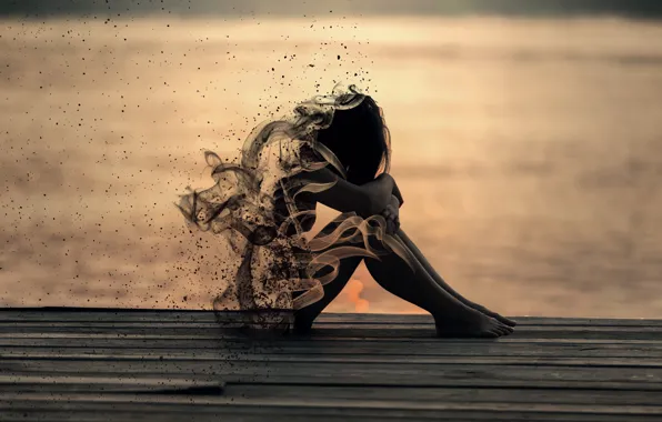 Picture girl, shore, pier, sitting